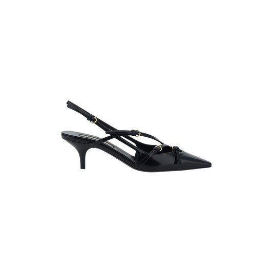Miu Miu black calfskin pumps with leather kitten heel and adjustable straps, featuring a contrasting logo insole and slingback style.