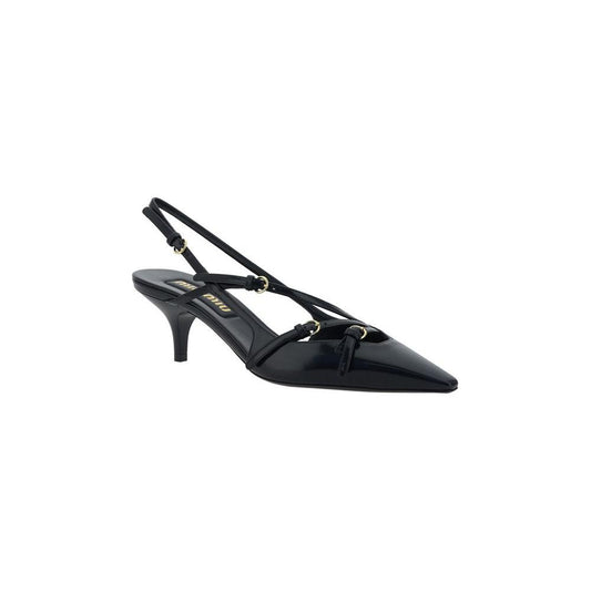 Miu Miu black leather calfskin pumps with adjustable slingback straps and kitten heel, featuring logo insole.