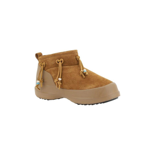 Moon Boot Luna Low Ankle Boots in suede leather with rubber heel, shearling lining, and beaded lace-up details, right side view.