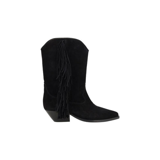 Isabel Marant Duerto suede ankle boots with elongated toe and leather block heel, featuring Texan-style fringe detailing.