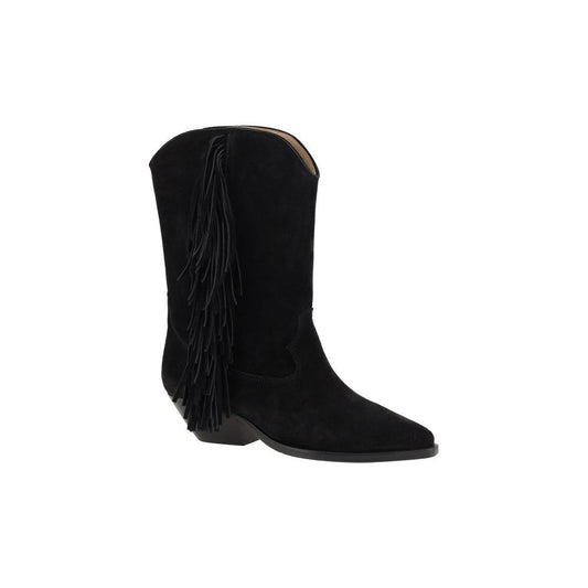 Isabel Marant Duerto black suede ankle boots with fringe detailing, Texan style with elongated toe and block heel for comfort.
