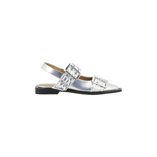 Ganni Buckle Metallic Ballerinas with extended toe, two adjustable buckles, block sole, slingback design, metallic finish.