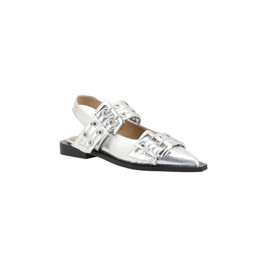 Ganni Buckle Metallic Ballerinas with extended toe, two adjustable front buckles, block sole, and metallic finish in slingback style.