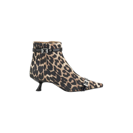 Ganni Eyelets Ankle Boots with leopard pattern, elongated toe, geometric kitten heel, side closure, and buckle straps.