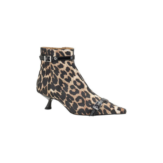 Ganni Eyelets Ankle Boots with leopard pattern, elongated toe, geometric kitten heel, side closure, and buckle strap.