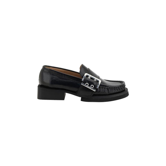 Ganni Feminine Buckle Loafers with shiny leather, round toe, block heel, buckle detail, and platform sole, side view.