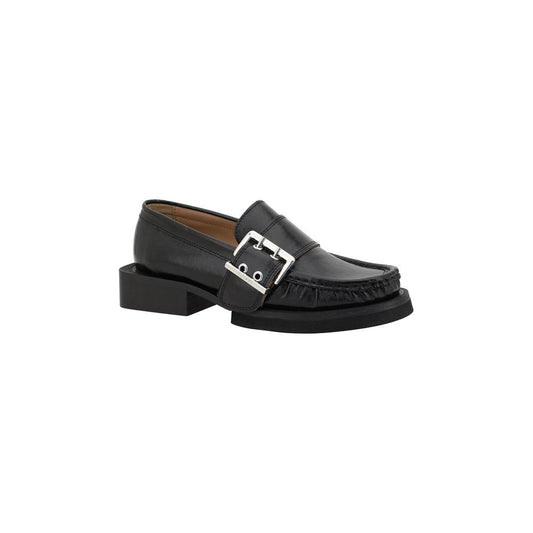 Ganni Feminine Buckle Loafers with round toe, block heel, shiny leather, and buckle embellishment.