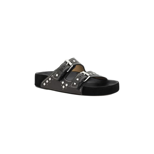 Isabel Marant Lennyo Sandals, featuring black leather with silver studs, flat sole, and adjustable double back strap for casual summer style.