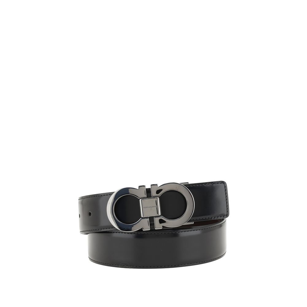 Ferragamo Black Calf Leather Bos Taurus Regular Belt with Gancini buckle, reversible design, 3 cm thickness, AW25 season.
