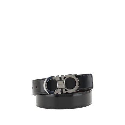 Ferragamo Black Calf Leather Bos Taurus Regular Belt with Gancini buckle, reversible design, 3 cm thickness, AW25 season.