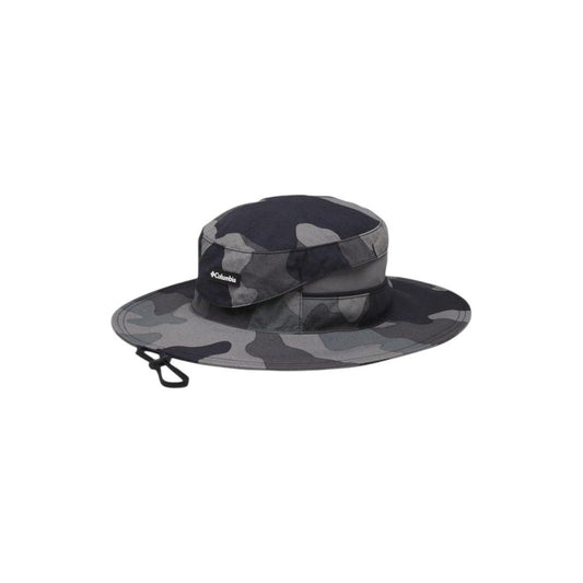 Columbia gray nylon bucket hat with wide brim and adjustable cord, designed for sun protection and outdoor comfort.