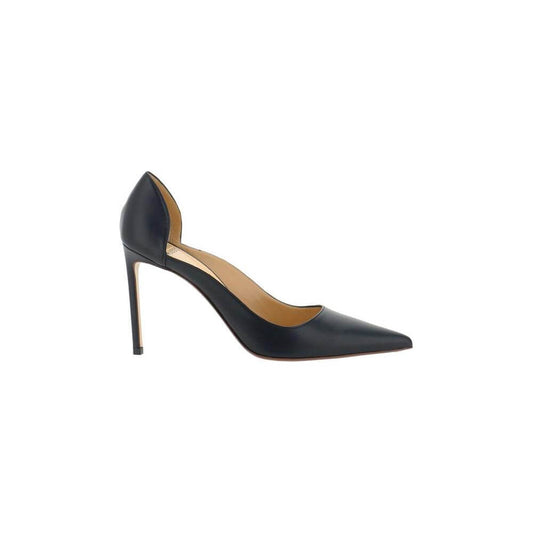 Francesco Russo black leather pumps with elongated toe and stiletto heel, featuring press-stamped logo insole.