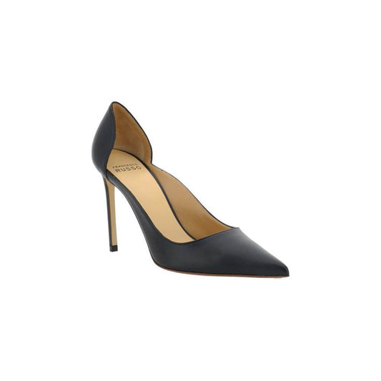 Francesco Russo leather pumps with elongated toe and stiletto heel, featuring a press-stamped logo insole.