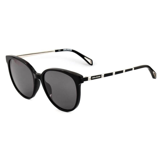 Zadig & Voltaire black acetate sunglasses with grey lenses, featuring a stylish design and logo detailing on the temples.