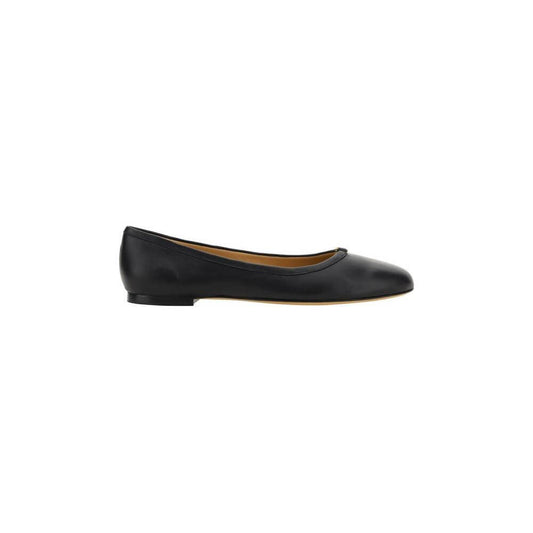 Chloé Marcie Ballerinas in black calfskin leather with flat sole, round toe, and gold-tone detail on front, featuring a chic monochrome design.