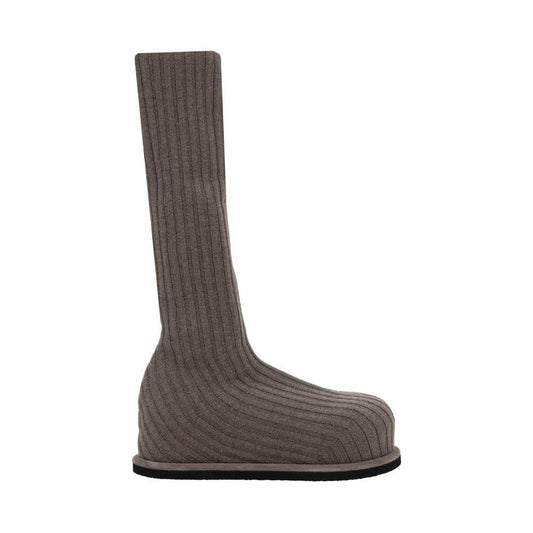 Amina Muaddi Veneda Wool Boots with round toe, flat sole, and ribbed sock design. Slip-on style footwear in grey.