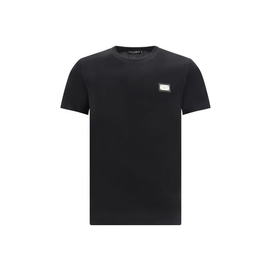 Dolce & Gabbana Black Cotton T-Shirt with ribbed crew neck and metal D&G monogram plaque, oversize regular fit, 100% cotton.