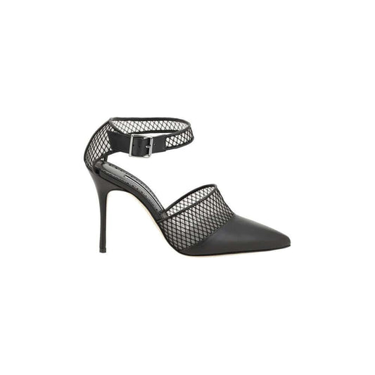 Manolo Blahnik Jatelah Nappa Pumps with mesh design and adjustable buckle, featuring a leather stiletto heel and almond toe for elegance.