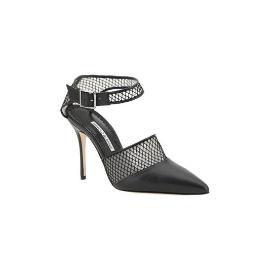 Manolo Blahnik Jatelah Nappa Pumps with mesh design, adjustable buckle closure, and leather stiletto heel, showcasing elegance.