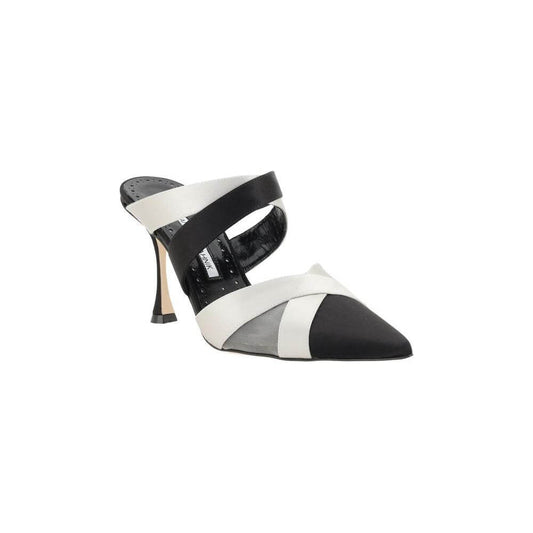 Manolo Blahnik Oyounak Pumps, satin with mesh sides, black and white design, leather stiletto heel, logoed insole.