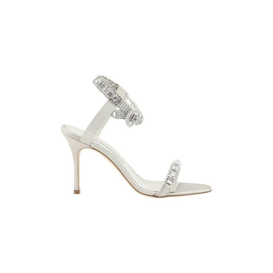 Manolo Blahnik Asasan Satin Sandals with rhinestone straps and leather stiletto heel, reflecting elegance and luxury.