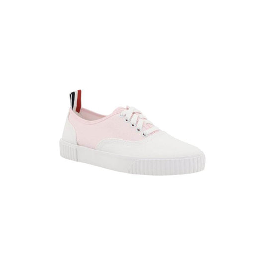 Thom Browne cotton sneakers with paneled design, lace-up closure, heel pull tab, and flat rubber sole. Stylish and comfortable footwear.