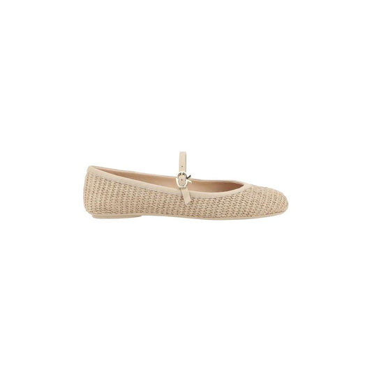 Gianvito Rossi Carla Marbella Ballerinas in raffia, featuring grained leather, flat sole, round toe, adjustable buckle closure.