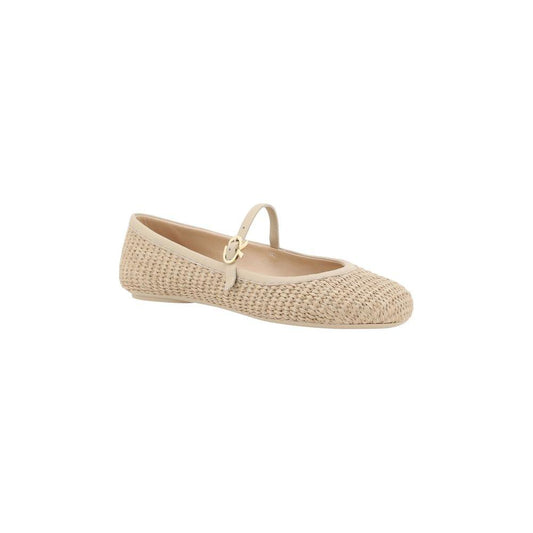 Gianvito Rossi Raffia Carla Marbella Ballerinas with grained leather, flat sole, and adjustable buckle closure.