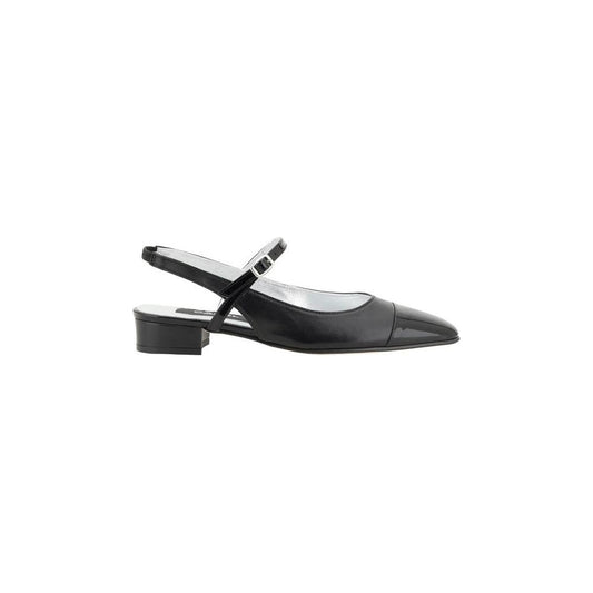 Carel Paris Oceano pumps with patent leather, almond toe, adjustable ankle strap, and chunky heel for comfort and elegance.
