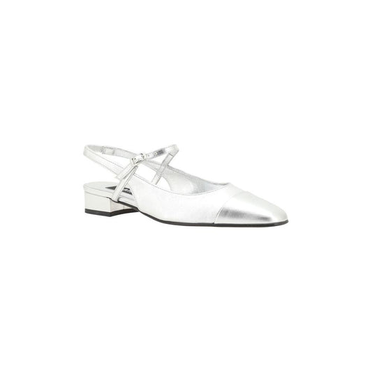 Alt Tag: Carel Paris Oceano Pumps with metallic finish, almond toe, adjustable ankle strap, chunky heel, and logoed insole.