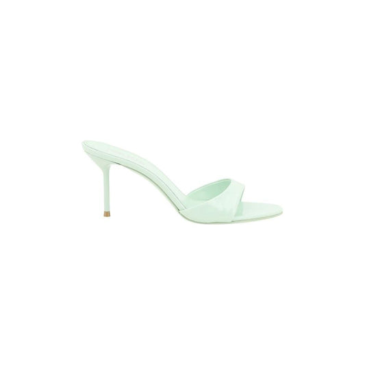Paris Texas Lidia Sandals in mint green with patent leather finish, almond toe, and stiletto heel, embodying elegance and modernity.