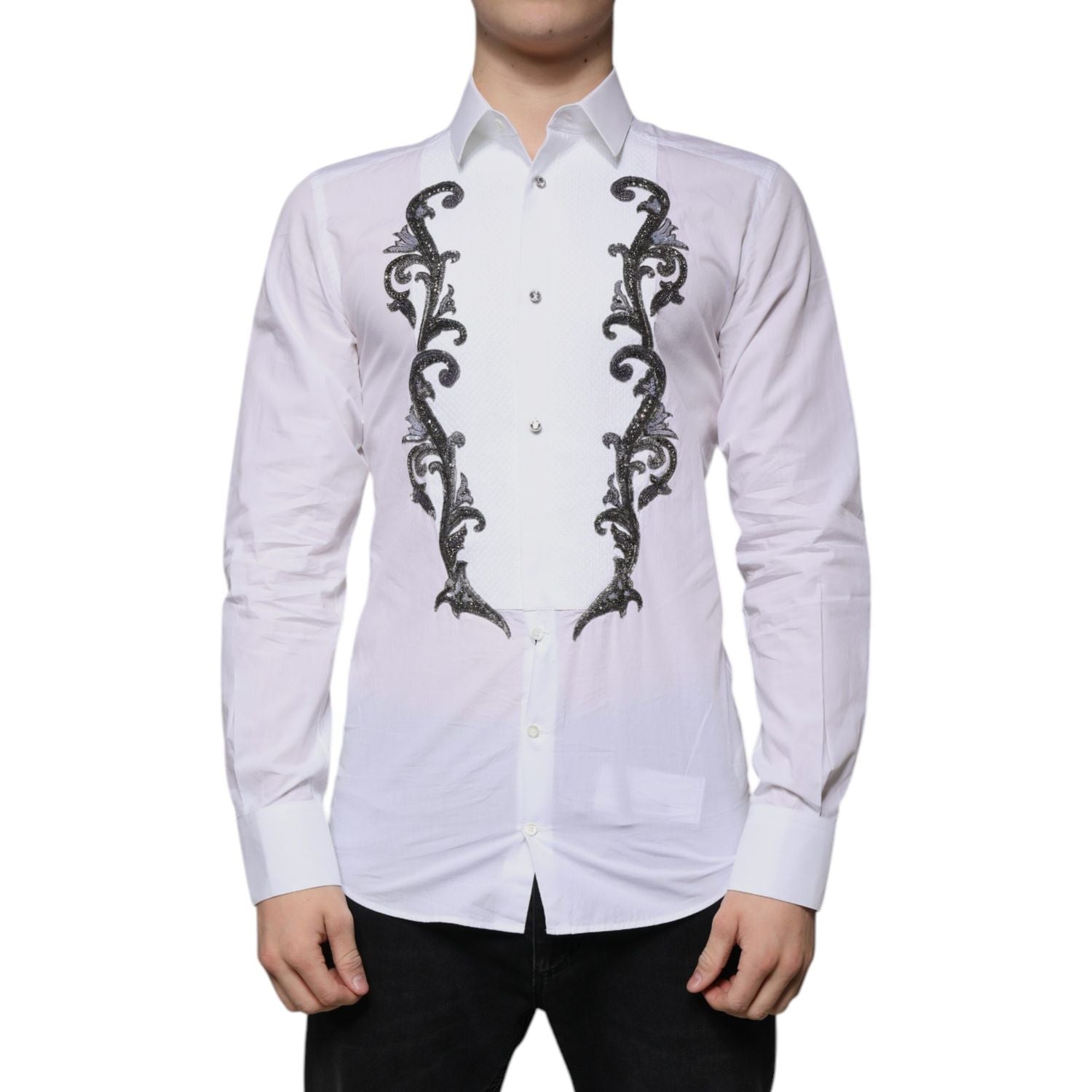 Dolce & Gabbana White Slim Fit Baroque GOLD Men Dress Shirt