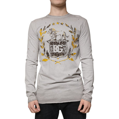 Dolce & Gabbana Gray Printed Cotton Crewneck Pullover Sweater