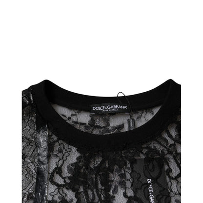 Dolce & Gabbana Black Nylon Floral Lace Crew Neck T-shirt