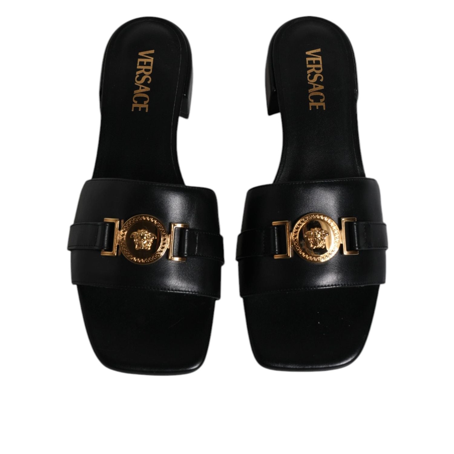 Versace Black Leather Logo Plaque Slip On Slides Flats Shoes