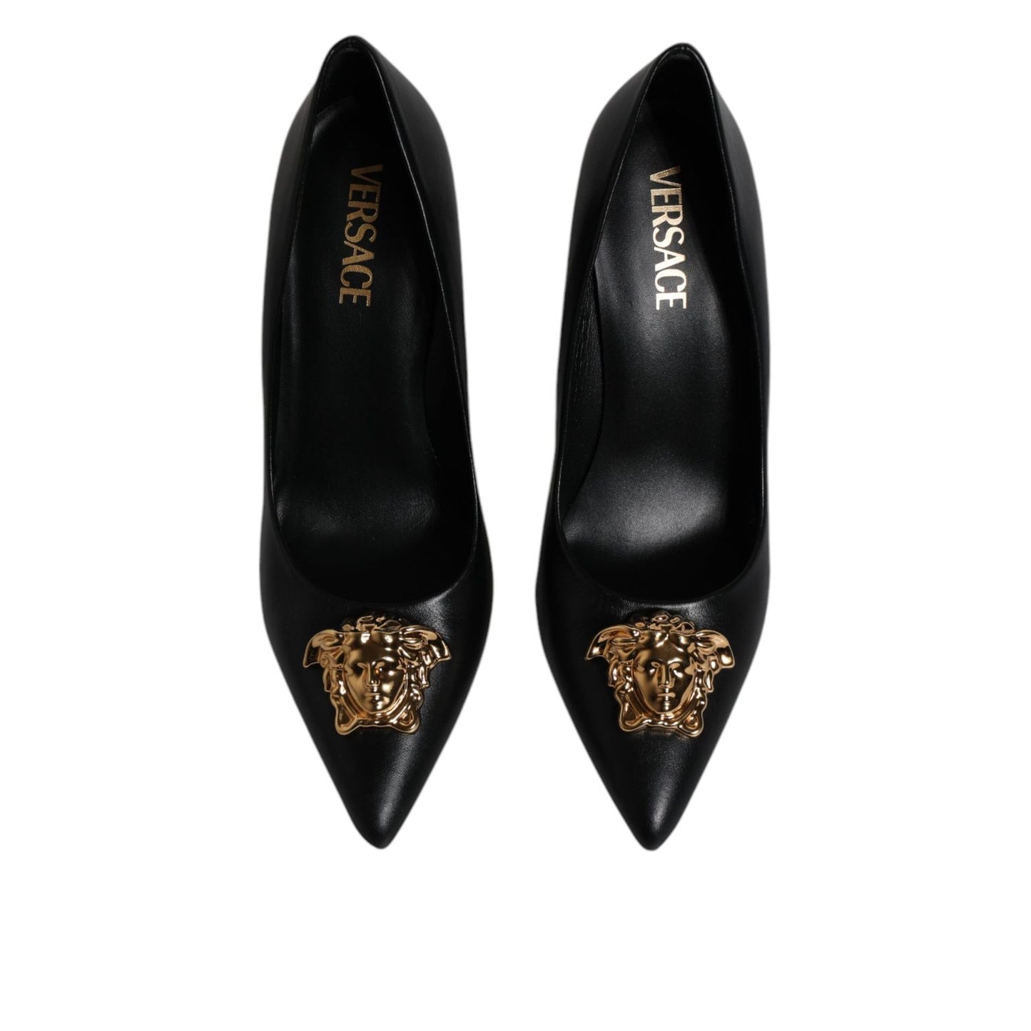 Versace Black Leather Logo Plaque High Heels Pumps Shoes