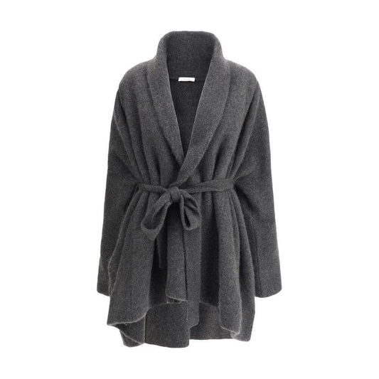 The Row Ija Coat, dark grey with shawl lapels and knotted sash closure, V-neck, regular fit.