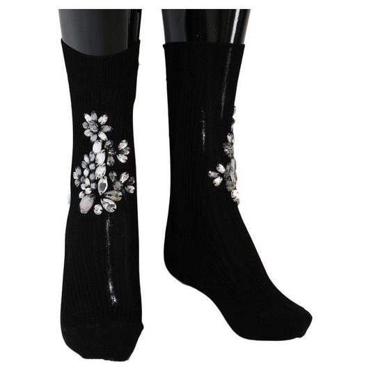 Dolce & Gabbana Black Knitted Floral Clear Crystal Socks