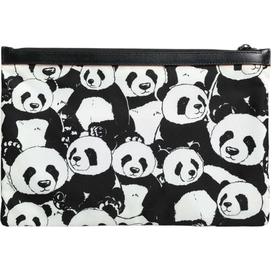 Dolce & Gabbana panda pattern clutch pouch bag in black and white with top zip closure and gunmetal-tone hardware.