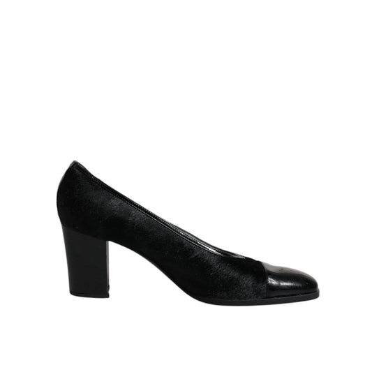 Dolce & Gabbana Black Leather Block Heels Pumps Shoes