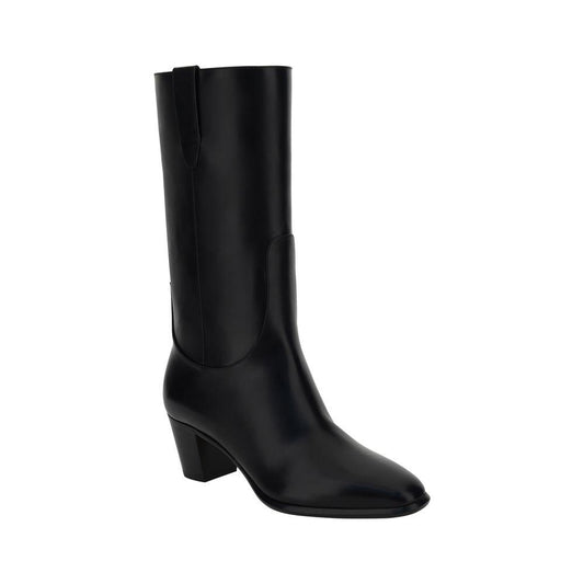 Francesco Russo leather boots with elongated toe, slip-on design, geometric heel, and below-knee height.