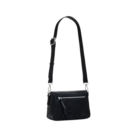 Desigual black polyethylene handbag from the Spring/Summer collection, featuring adjustable strap and 100% polyurethane composition.