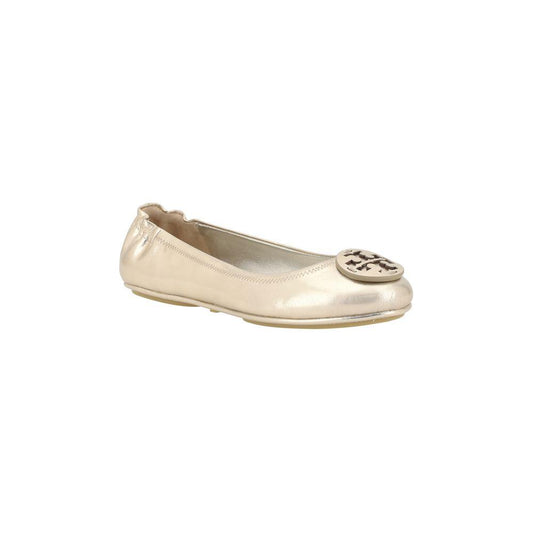 Tory Burch Minnie Ballerinas with metallic leather, round toe, and iconic logo applique.