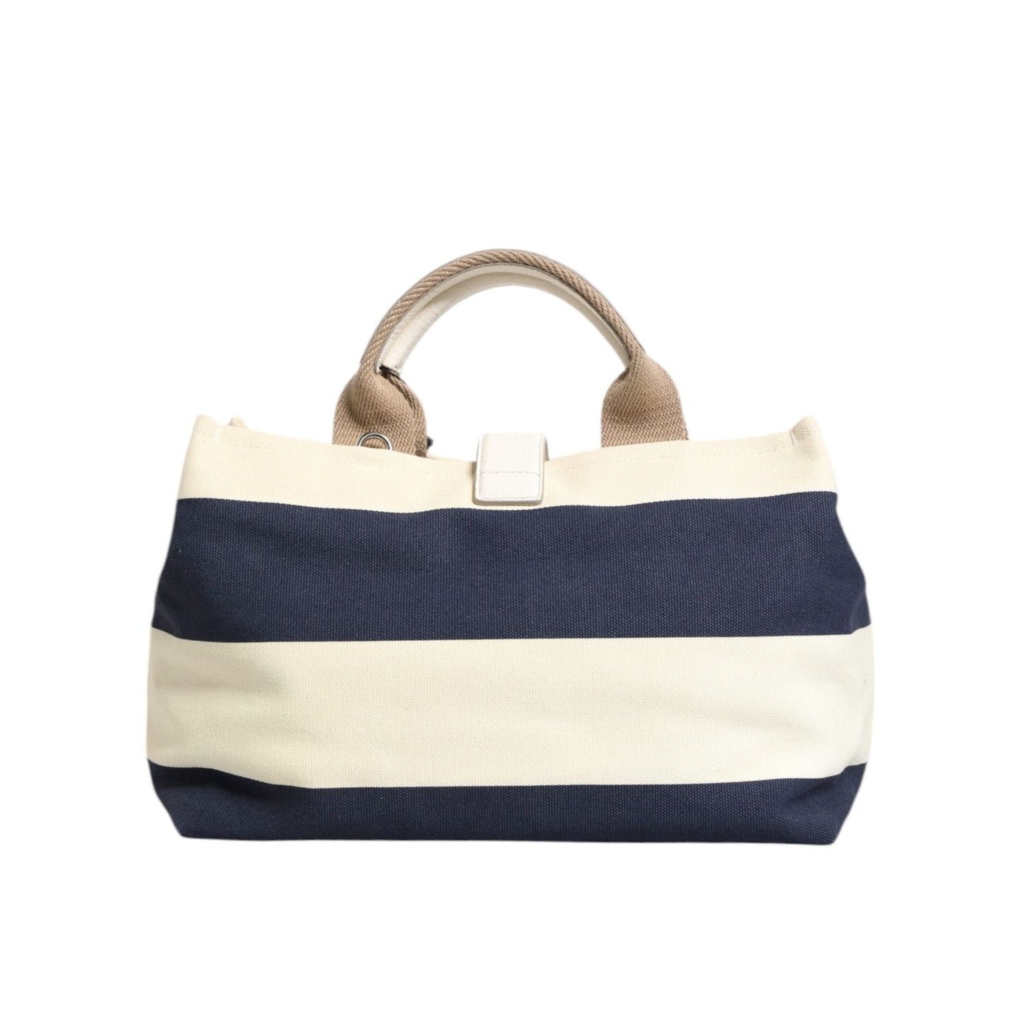 Dolce & Gabbana White Navy Striped Canvas Top Handle Tote Bag