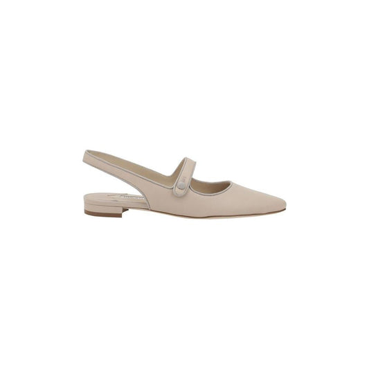 Manolo Blahnik Campariflatsli leather ballerinas with elongated toe and front button closure, featuring a contrasting logoed insole.