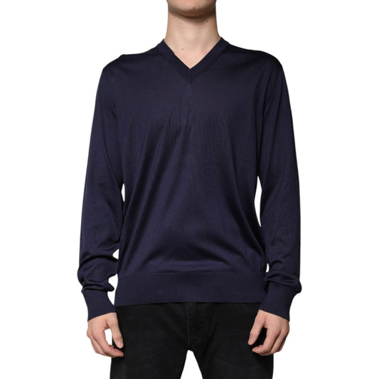 Dolce & Gabbana Navy Blue Silk V-neck Pullover Sweater TSH87799-52