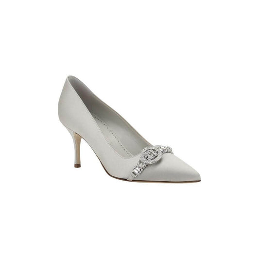 Manolo Blahnik Asapump Satin Pumps with rhinestone buckle, almond toe, and leather kitten heel for elegant formal occasions.