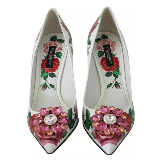 Dolce & Gabbana White Leather Roses Crystal Pumps Shoes LA7526-36