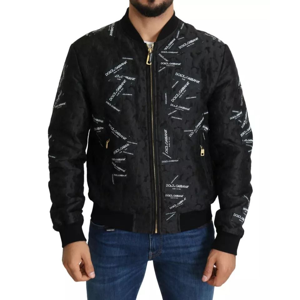 Dolce & Gabbana Black Logo Patch Brocade Bomber Full Zip Jacket