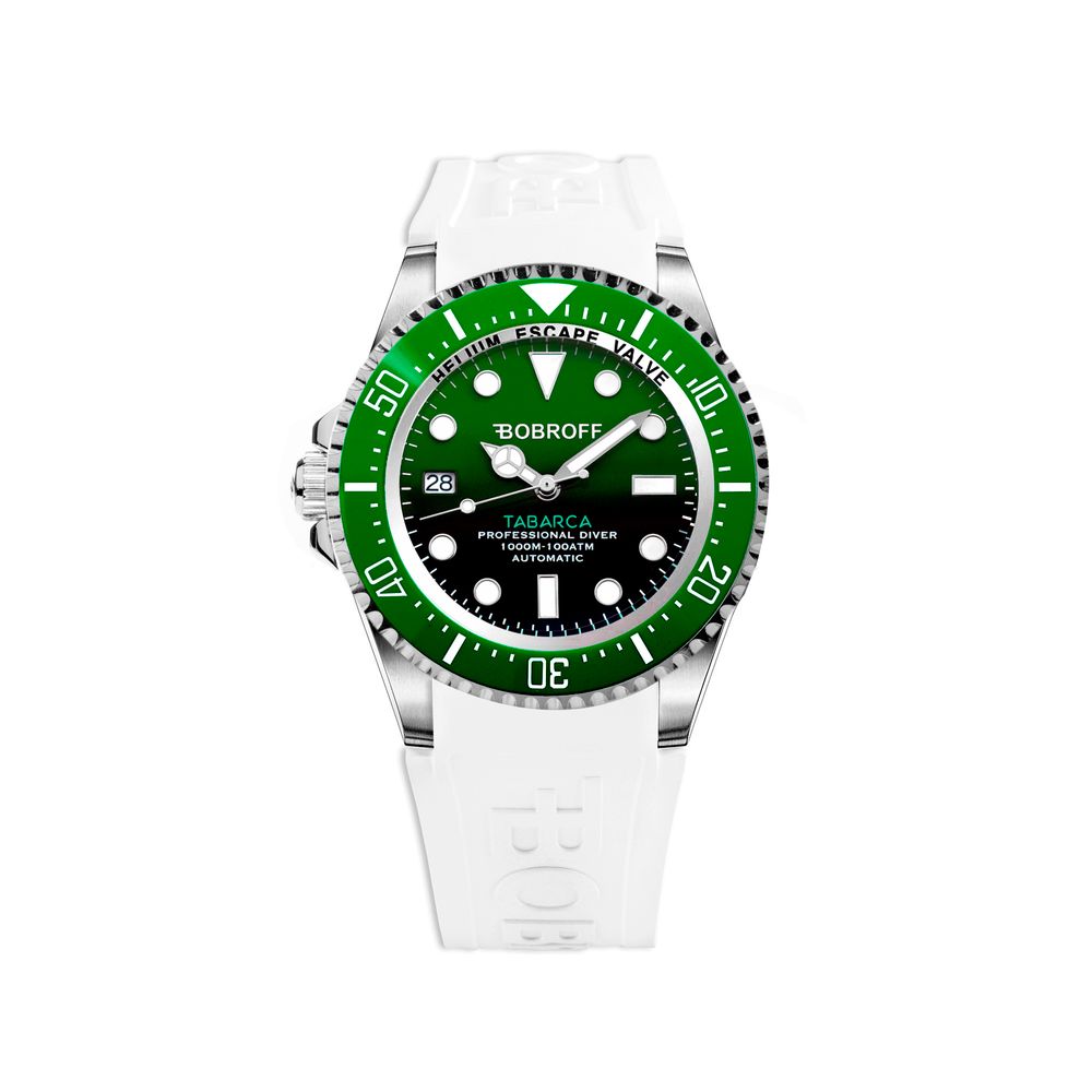 Bobroff White Rubber Sport Watch with green dial, stainless steel case, and sapphire glass, featuring automatic mechanism, Tabarca collection.